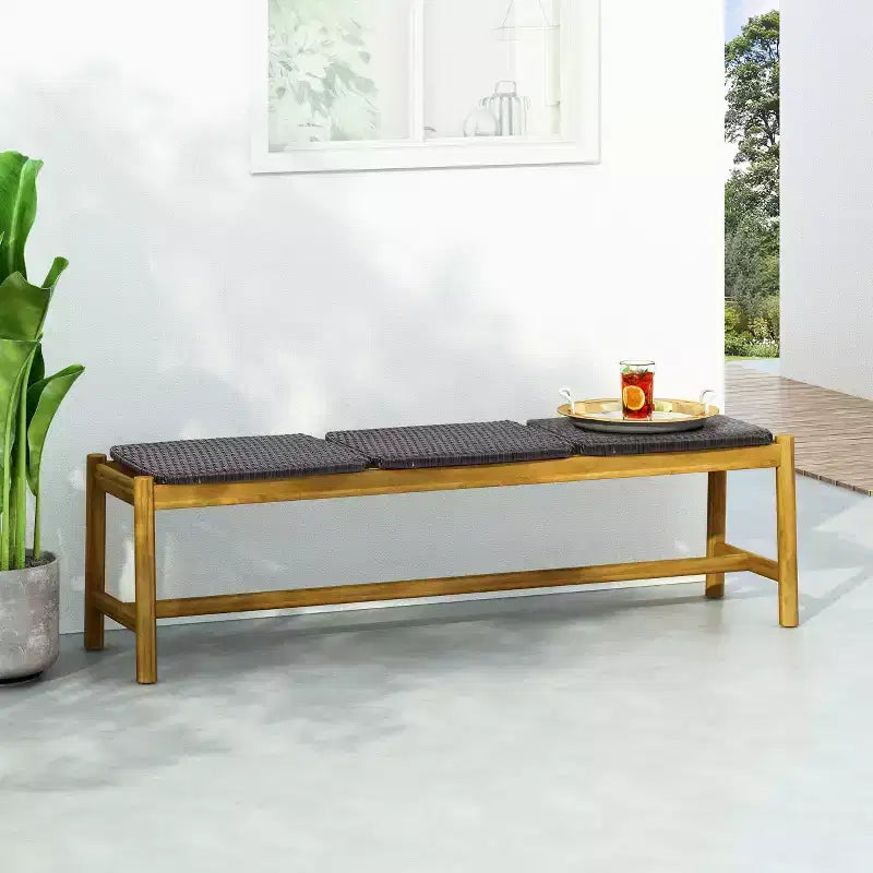 Cambria Outdoor 3 Seater Wicker Bench - Teak/Brown - Christopher Knight Home: Acacia Wood Frame, Iron Hardware, Water-Resistant