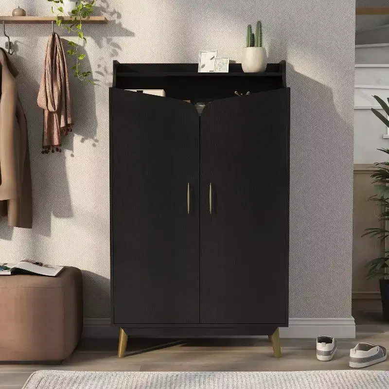 Double Door Shoe Cabinet – Holds 15 Pairs, Adjustable Shelves, Mid-Century Black