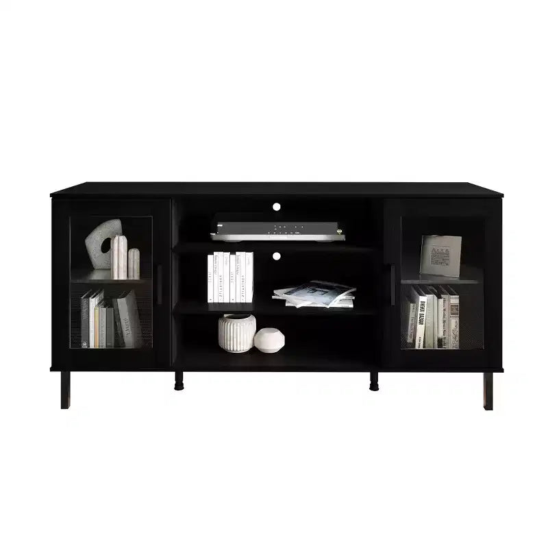 Modern TV Stand Console �C 60, Acrylic Doors, 3 Open Shelves & Cable Management