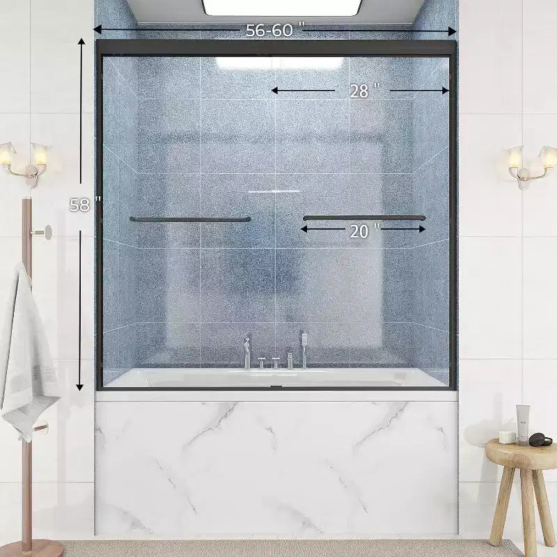 Zevemomo 56-60W Tub Shower Door,Bathtub Sliding Double Sliding w/ 1/4(6mm) SGCC Shatterproof Tempered Glass,Aluminium Alloy& Stainless Steel,Black