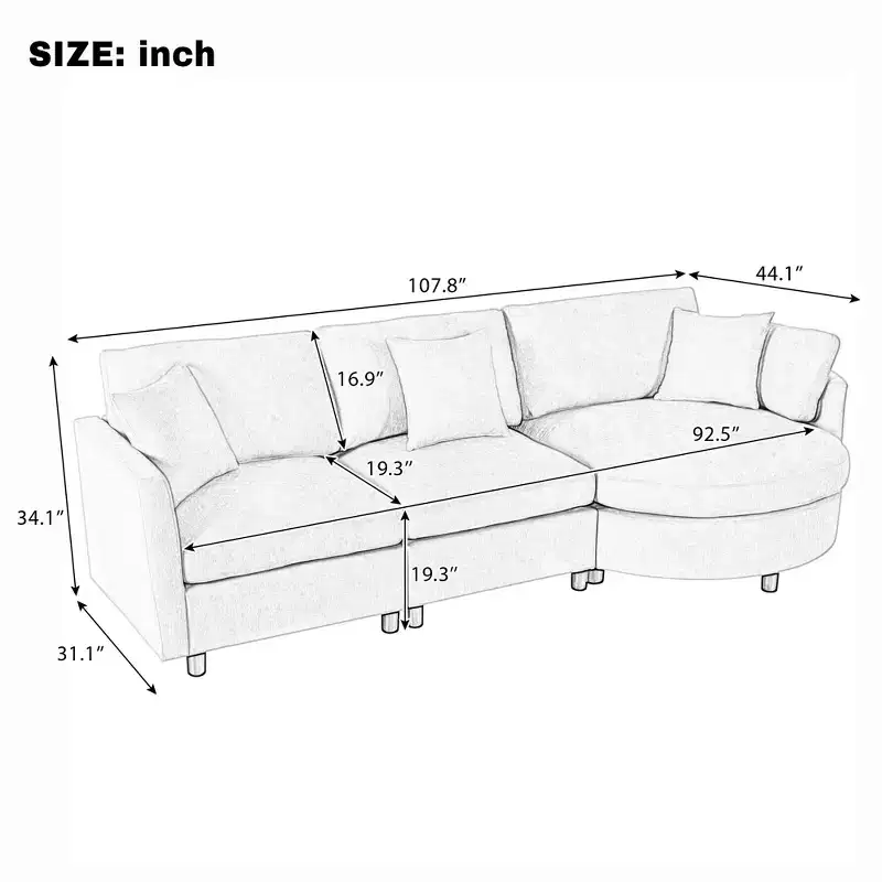105.5 Upholstered Combination Sofas with Three Pillows and Curved Seat-ModernLuxe