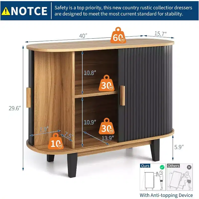 Fluted Sideboard with Sliding Door, Modern Buffet Cabinet with Adjustable Shelf for Multi-Room Storage, Streamlined Design