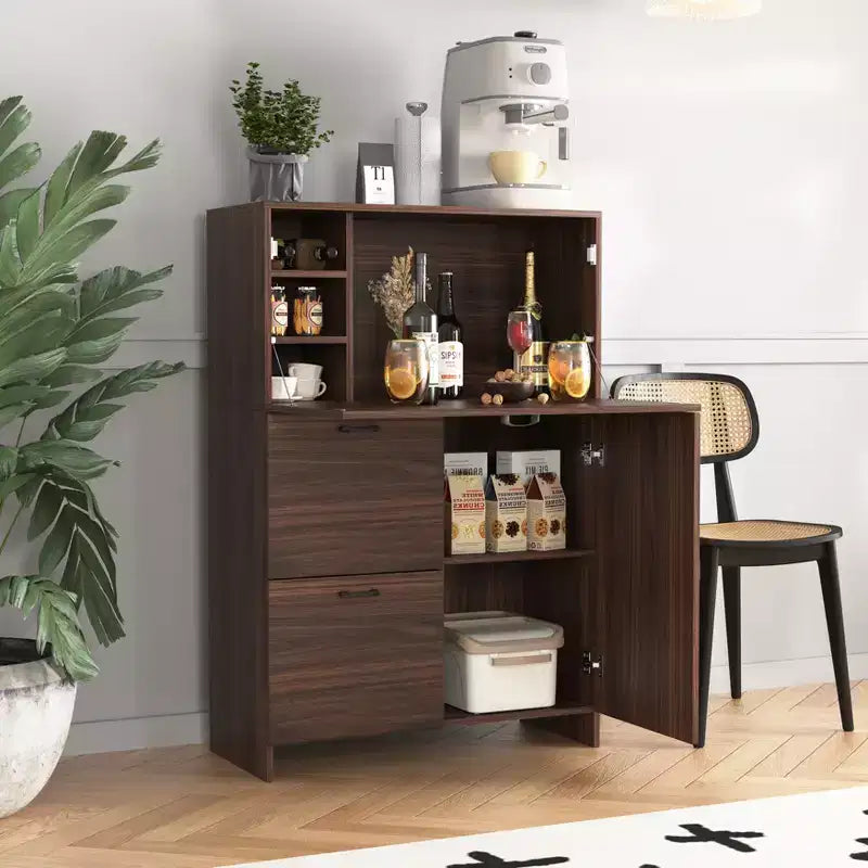 JVNOXK 31-inch desk cabinet with storage drawers and shelves, featuring a foldable tabletopperfect for dorm rooms and compact spaces. Walnut