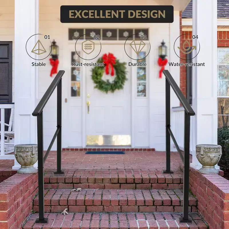 Adjustable Outdoor Stair Handrail  Matte Black Metal Railing with Installation Kit for Porch, Deck & Concrete Steps