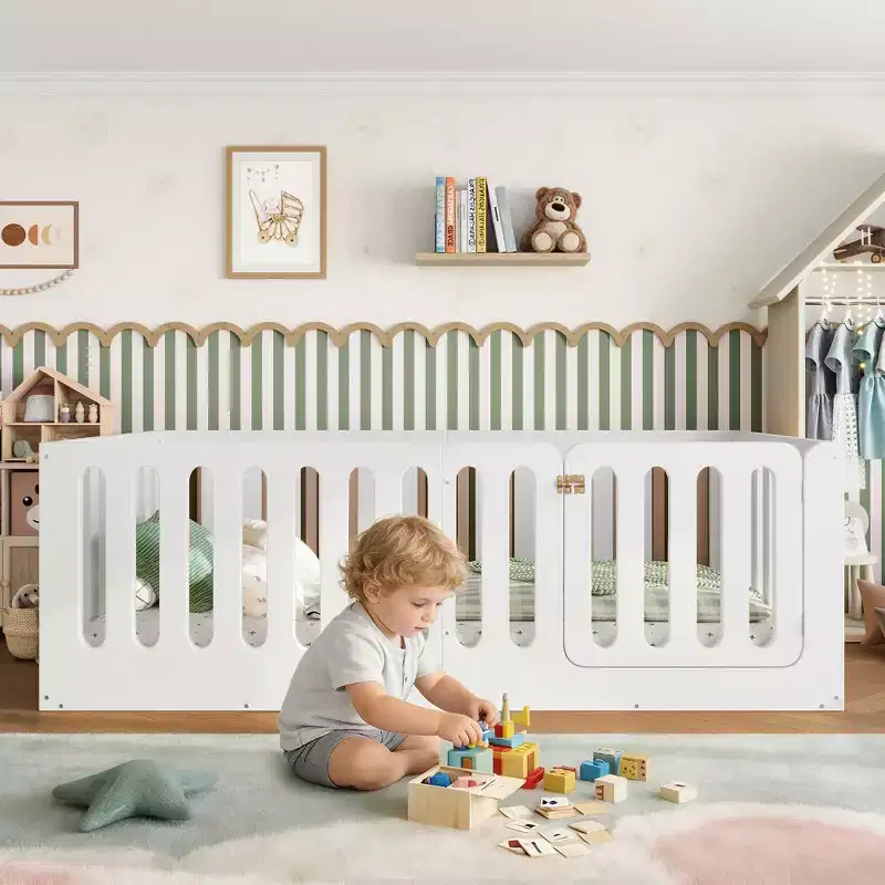 White Twin Montessori Floor Bed with Fence Rails & Door �?Solid Wood, 1 Child