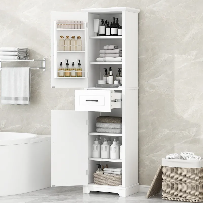 Freestanding Bathroom Cabinet with 2 Doors, Adjustable Shelves & Door Storage ,Tall Bathroom Organizer