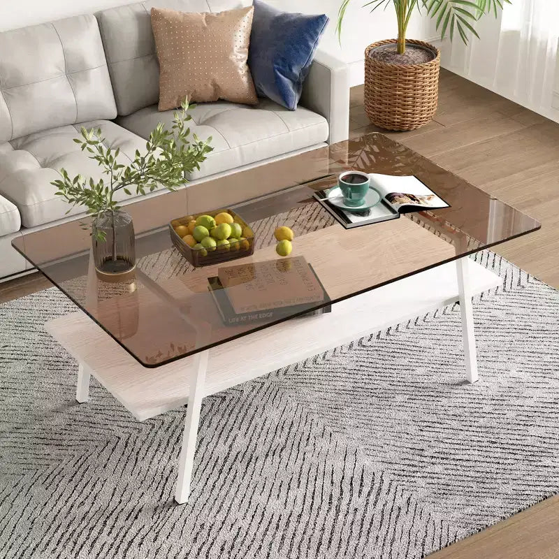 Rectangle Coffee TableGlass Coffee Table with Tempered Glass Top, Metal Legs, Modern Transparent Table for Living Room, Apartment, or Home