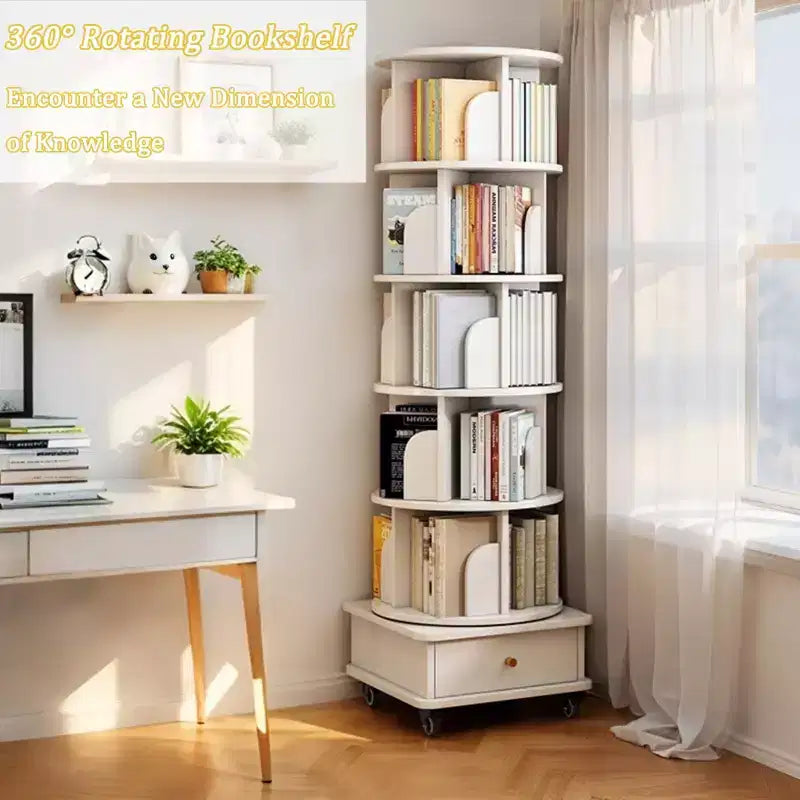 VIYET 68 6-Tier 360 Rotating Bookshelf, White Color MDF Tower w/ Wheels & Drawer (Space-Saving Storage for Home/Office)