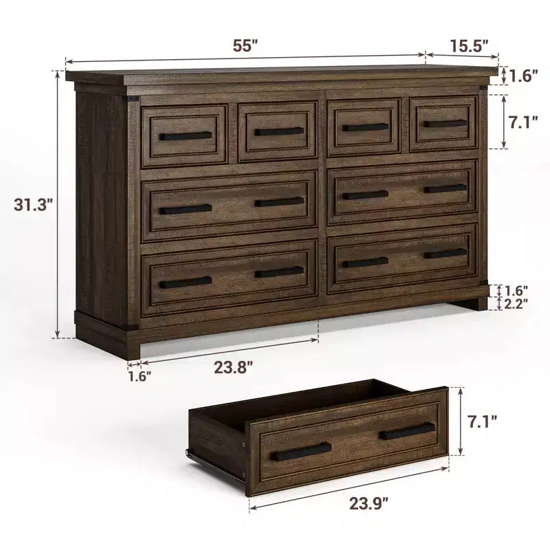 8 Drawer Dresser for Bedroom, 55W Wooden Chest of Drawers with Metal Handles, Large Dresser TV Stand, Storage Organizer for Closet