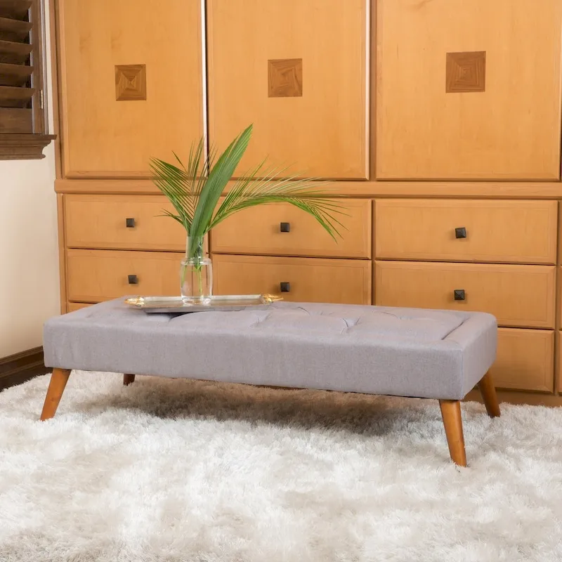 Tufted Fabric Ottoman Bench with Wooden Legs