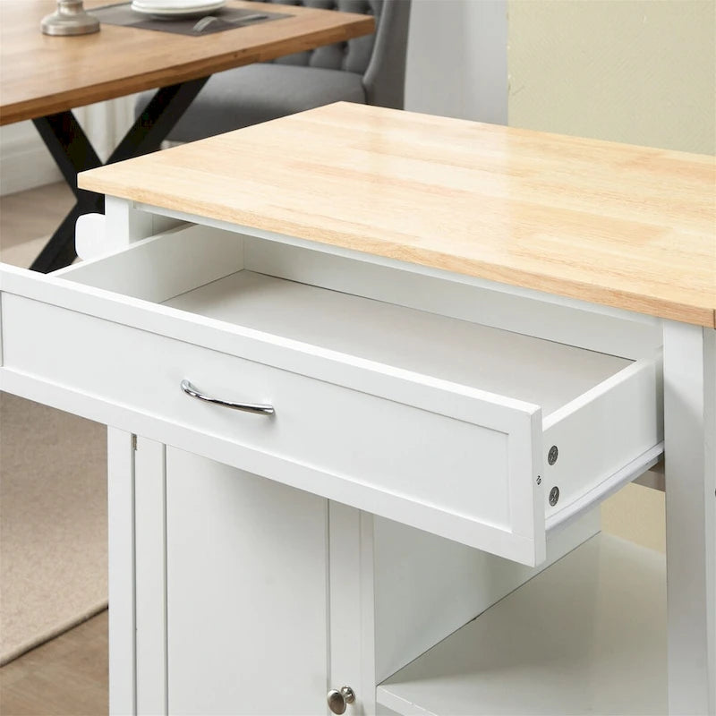 White Rolling Kitchen Island Cart with Solid Wood Top Drawer Cabinet and Open Shelves
