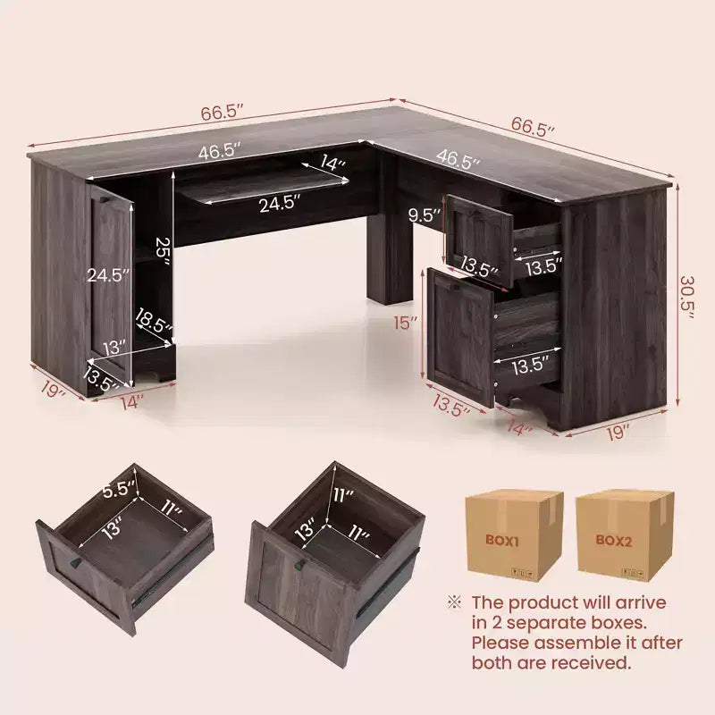Costway 66.5'' L Shaped Home Office Desk Corner Computer Desk Keyboard Tray Dark