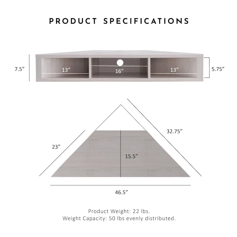 47 Corner Floating TV Stand, 3 Shelves, Transitional Style, Space-Saving Wall Mount