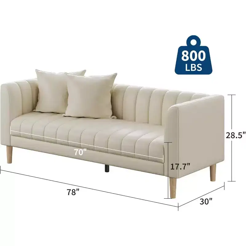 Faux Leather Sofas Couches with 2 Throw Pillows, Mid Century Modern Loveseat Sofa, 3 Seater Sofa and Wood Legs, Easy Assembly, for Living Room