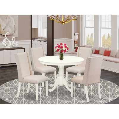 HomeStock 5-Piece Linen White Finish Solid Wood Top Dining Table with 4 Parson Chair
