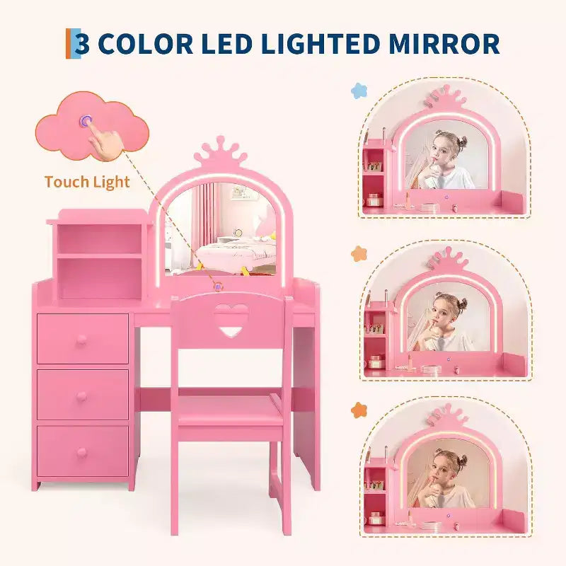 2-in-1 Child Vanity with Lights, Pink Princess Makeup Table & Writing Desk, Wooden Toddler Vanity with Stool, DrawersConvertible Girls play Desk
