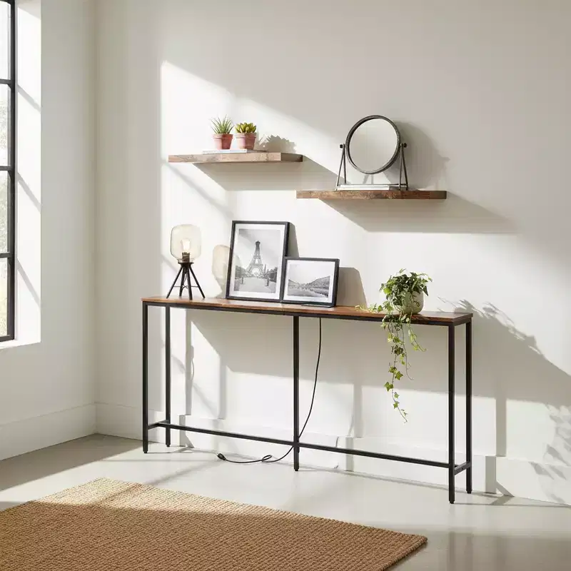 FurnitureR 71 Entryway Console Table with 2 Floating Wall Shelves, Industrial Narrow Hallway Table Set with Power Outlet for Living Room, Entryway