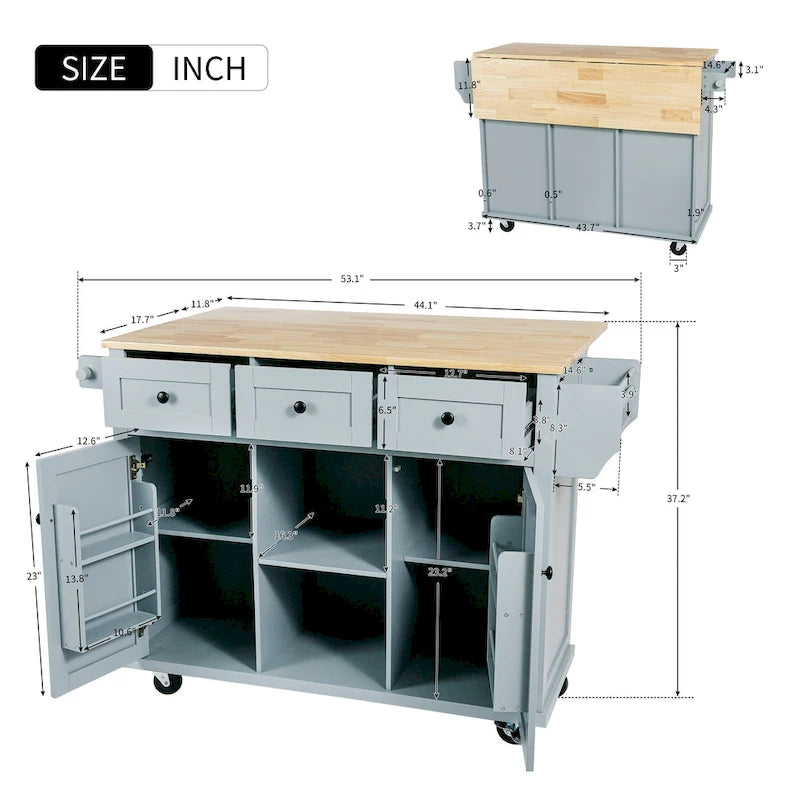 White Rolling Kitchen Island Cart with 5 Wheels Drop Leaf Rubberwood Top 3 Drawers and Spice Rack
