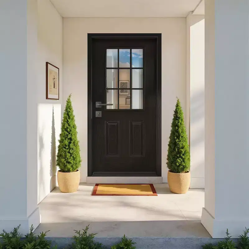 PexFix Fiberglass Entry Door 6-9/16 Vinyl Frame 9 Lite Frosted Glass Front Door Front Entrance Right Hand Inswing Black Wooden Grain Door