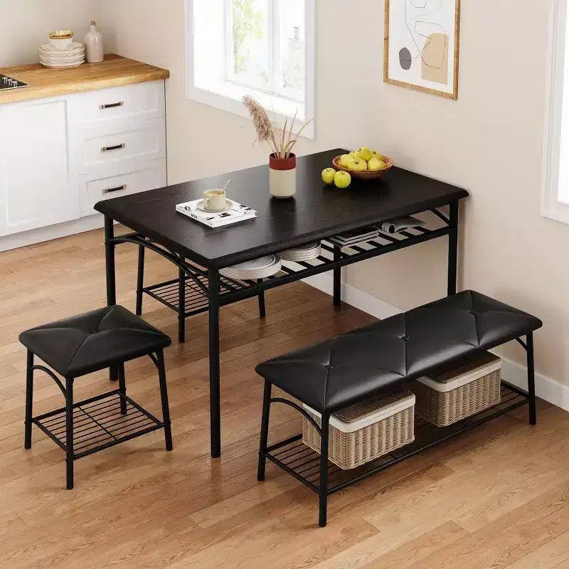 Dining Table Set for 4 With Benche/Stools Kitchen Table Set With Storage Shelves Dining Table Set With PU Cusion Dining Room Furniture Table