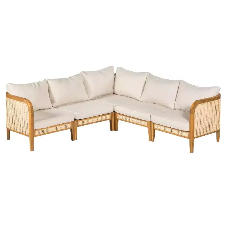 Christopher Knight Home Tighnari Boho Outdoor 5-Seater Rattan Acacia Wood V-Shaped Sectional Sofa with Cushions