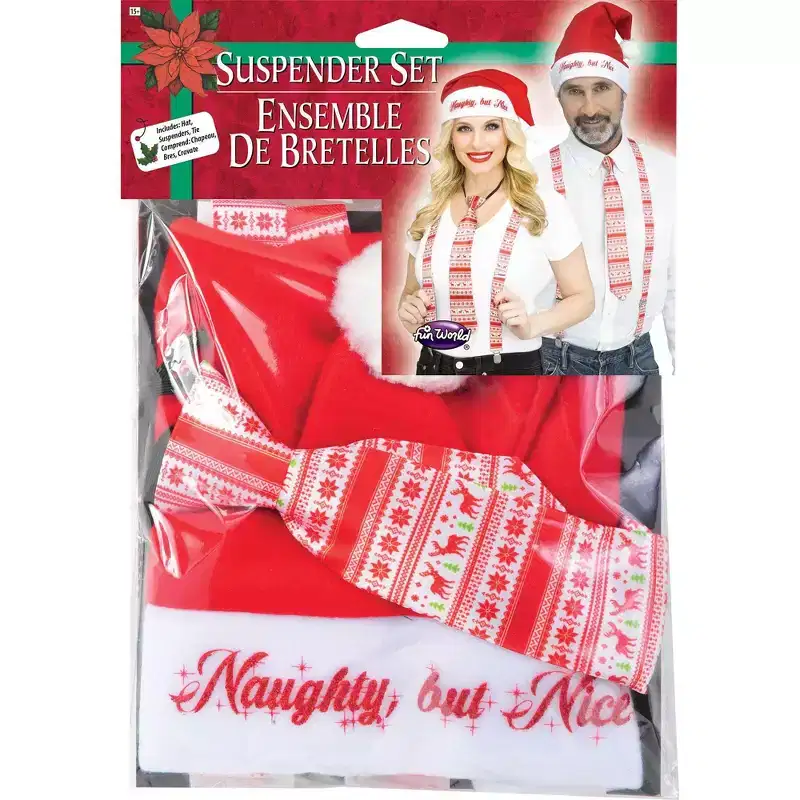 Northlight 3pc Red and White Reindeer Holly Day Christmas Suspender Kit - One Size Fits Most