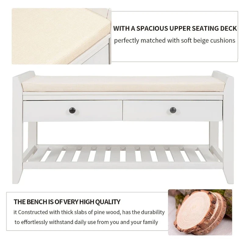 Wooden Storage Bench with Shoe Rack and Drawers