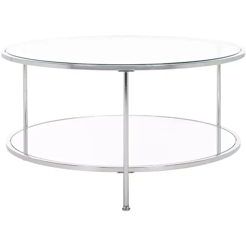 Round Glass Top Coffee Table with Mirrored Shelf - Silver