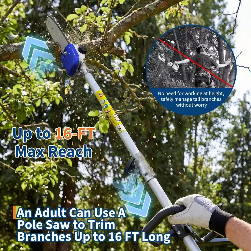 Gas Powered Pole Saw, 2-Stroke Gas Powered Pole ChainSaw, 12-Inch Cutting Bar, Can Trim Branches Up to 16 Ft Long, Equipped , for Tree Trimming