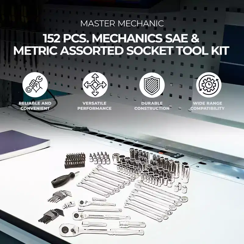 Master Mechanic 152 Piece Mechanics SAE and Metric Socket Tool Kit with 1/4, 3/8, and 1/2 Inch Drive, Assorted Bits, Adapter, Wrenches, and Hex Keys