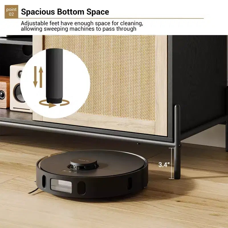 TV Stand with 3 Drawers - Rattan Media Console with Metal Legs, Black