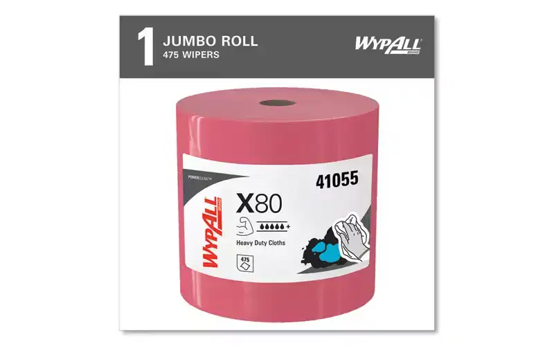 WypAll Power Clean X80 Heavy Duty Cloths, Jumbo Roll, 12.4 x 12.2, Red, 475 Wipers / Roll