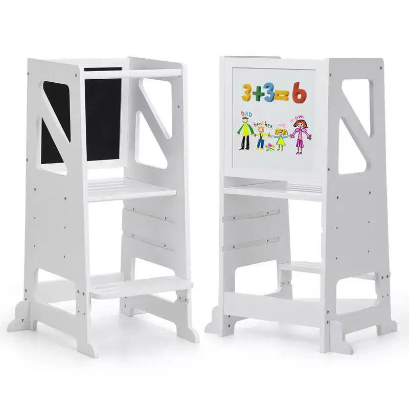 Wooden Toddler Step Stool,White Toddler Tower with Chalkboard & Whiteboard