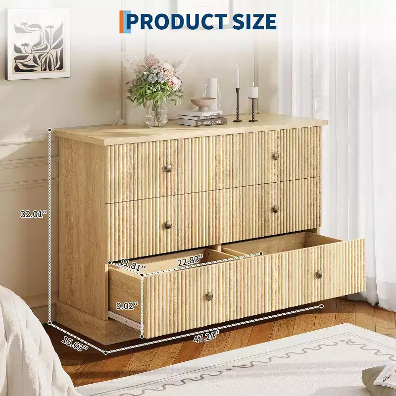 47 Fluted 6-Drawer Dresser with Metal Handles, Modern Wide Wood Chest for Bedroom, Guest Room & Apartment