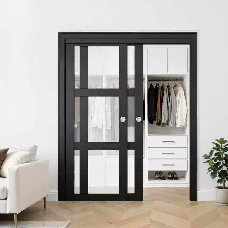 VEVOR Bypass Sliding Door Hardware Kit, 5 ft Aluminum Alloy Dual-Track Bypass Door Hardware, Smooth and Quiet Sliding, Easy to Install, Black