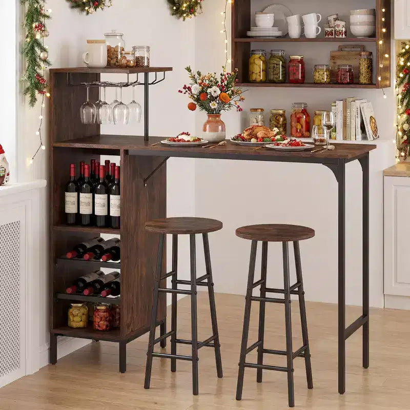 Costway 3 PCS Bar Table and Chairs Set Industrial Pub Table & Stools with Bottle Wine Rack Brown/Oak