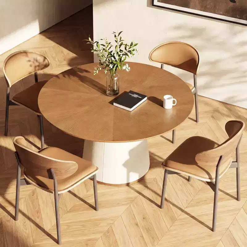 59 In. Round Dining Table with Solid Wood Base and Faux Leather Wrapped Pedestal, Modern Kitchen Table for Dining Room Gaoyangjiaju
