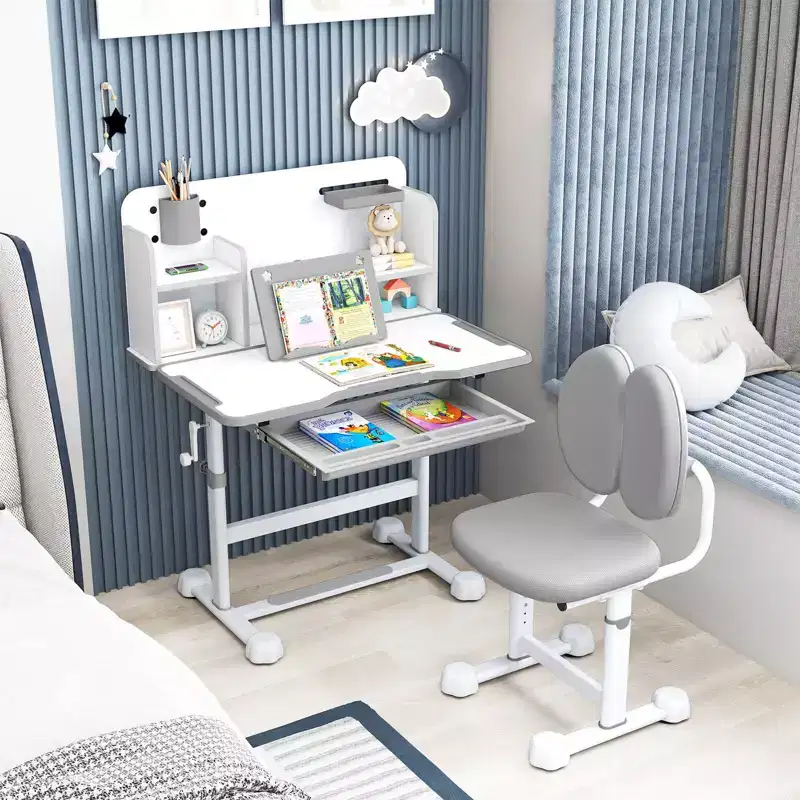 Costway Kids Study Desk & Chair Set with Tilt Desktop, Pen Holder & Tray, Reading Stand Blue/Gray