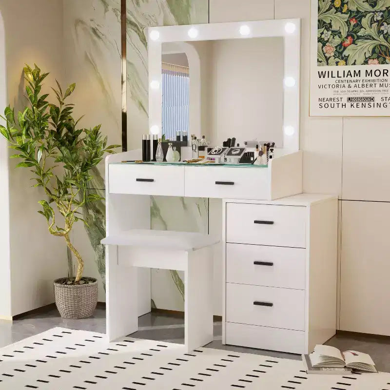 Okak Makeup Vanity with Large Mirror and 5 Drawers, Vanity Desk with Cushion Stool, Dressing Table for Living Room, Bedroom, Dressing Room, White