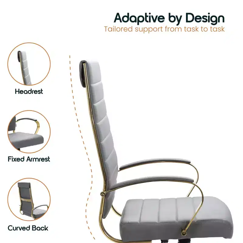 LeisureMod Benmar High-Back Ribbed Leather Office Chair - Modern Swivel & Tilt Executive Desk Chair - Gold Base