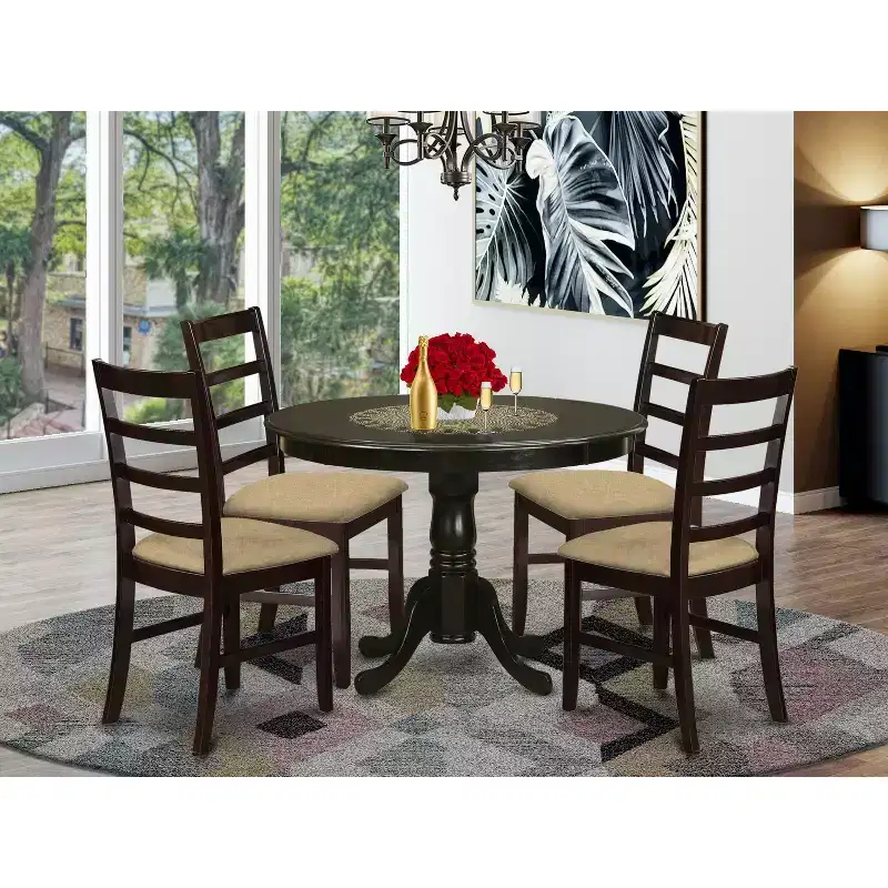 Kitchen Table Set for 4 - 5 Piece Dining Set with Round Table & Linen Chairs - Art Deco Style