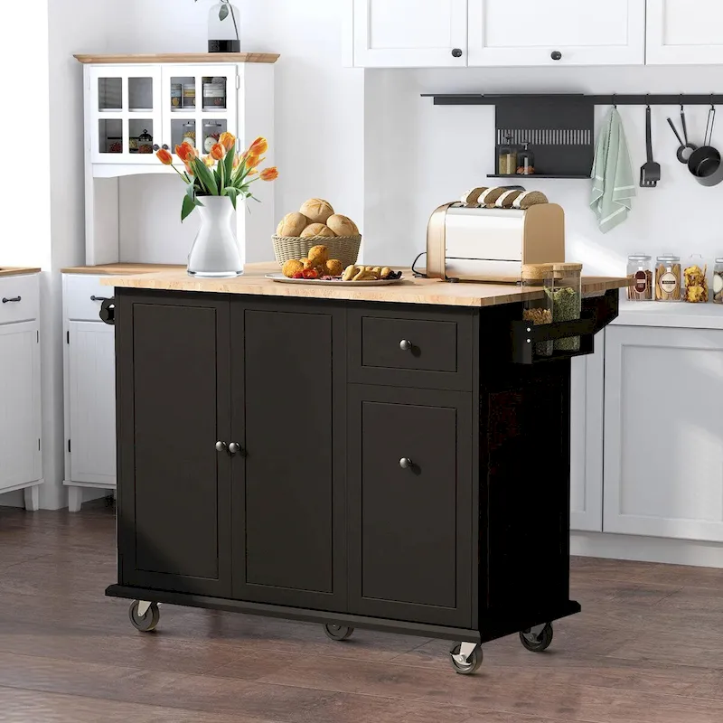 Wooden Storage Kitchen Island Cart with Drop Leaf and Lockable Wheels
