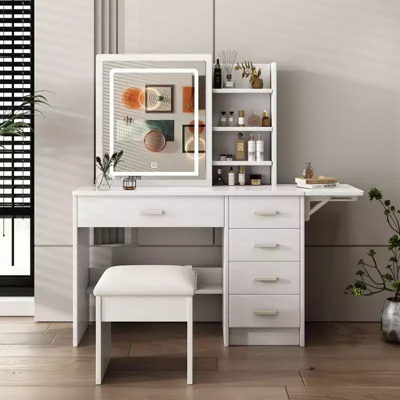 Okak Makeup Vanity with Open Shelves and 5 Drawers, Vanity Table with Large Mirror and Side Storage Shelves, Makeup Desk for Bedroom, White