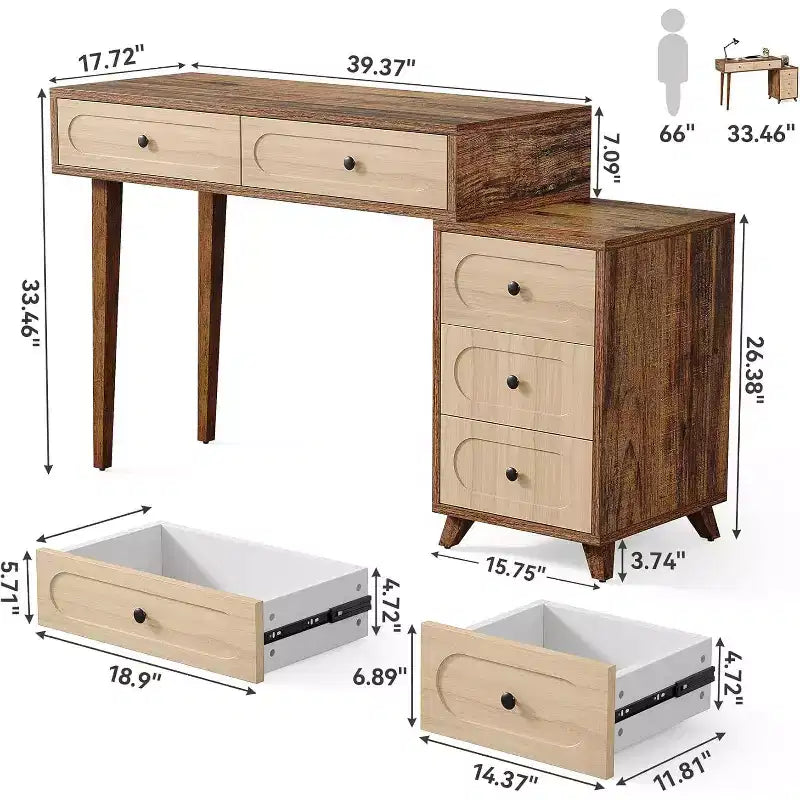 Lantine 39-Inch Writing Desk with 5 Drawers & Retractable Cabinet, Small Expandable Computer and Vanity Table for Small Spaces, Brown