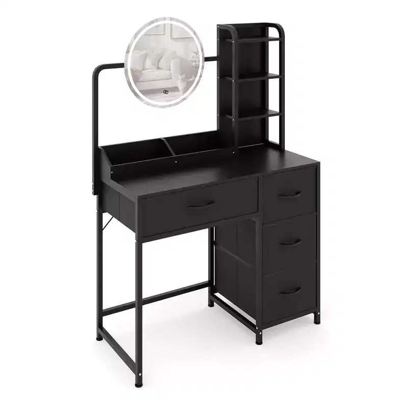35 Makeup Vanity Desk with Mirror and Lights, Small Dressing Table with 4 Fabric Drawers & Open Shelves, Makeup Vanity Table for Bedroom