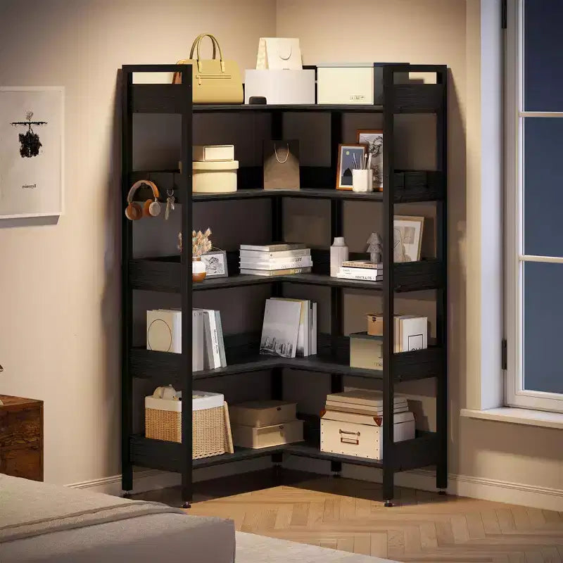 65.8in L-Shaped 5-Tier Convertible Corner Bookshelf with Metal Frame