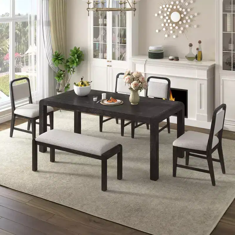 Vintage Extendable Dining Table Set for 6 with 4 Upholstered Chairs and Bench, Rustic Wire Brushed Kitchen Table Set with Curved Design
