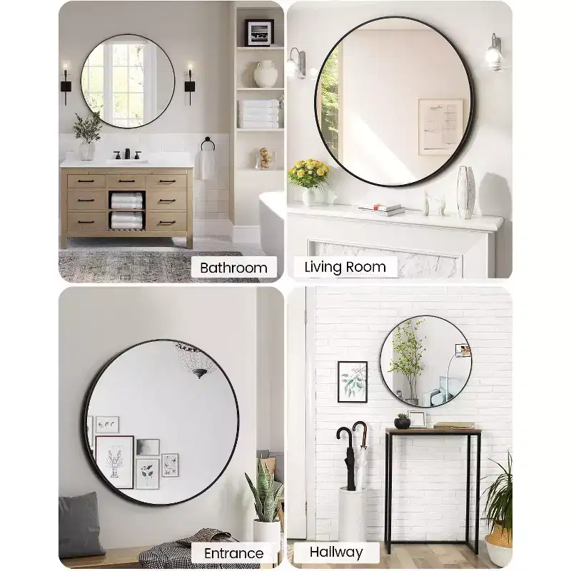 Metal Framed Bathroom Mirror  Rounded Rectangle, Matte Black, Farmhouse Vanity Mirror, Anti-Rust, Hangs Horizontally or Vertically