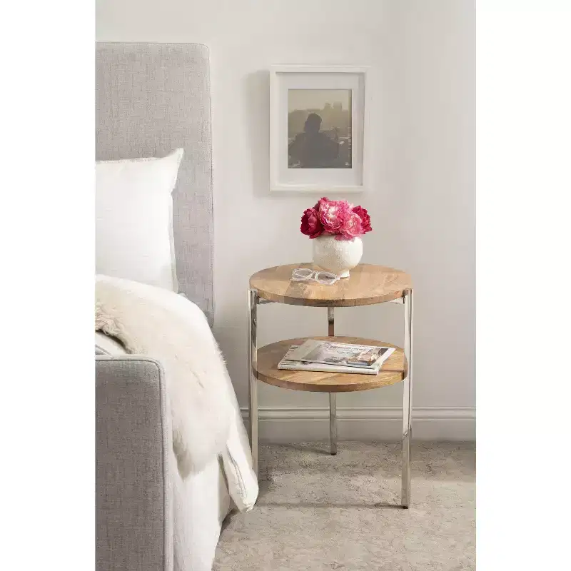 Kate and Laurel Lamaar Round Wood Side Table, 19x19x25, Natural and Silver
