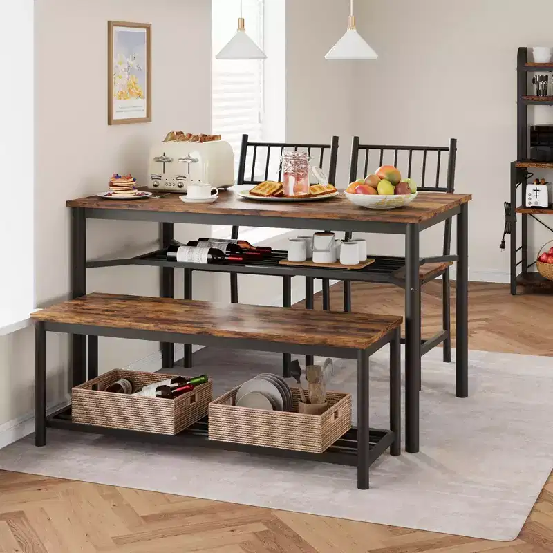 Dining Table Set for 4, Wooden Rectangular Kitchen Table with 2 Chairs and Bench, Dining Room Table with Wine Rack for Small Space, Apartment, Home